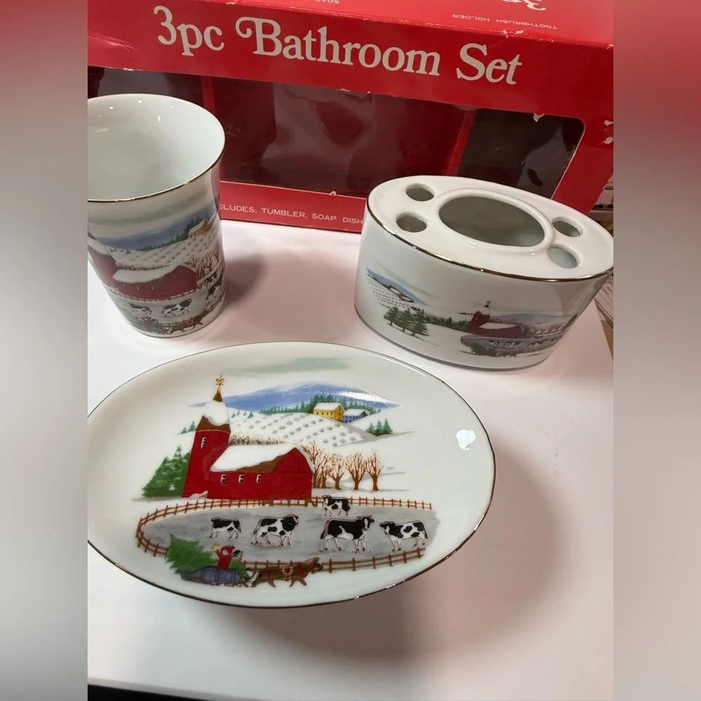 Vintage 3-Piece Bathroom Set Farm Scene Made in Japan – New in Box